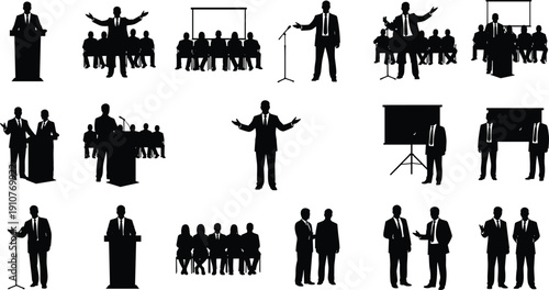 Business, presentation, silhouettes, speaker, audience, conference, meeting, seminar, training, corporate, communication, leadership, teamwork, professional, people, podium, microphone, boardroom, 