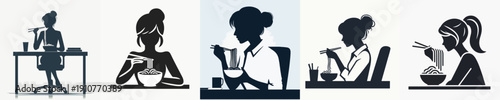 Silhouette Vector Illustration of a Woman Eating Noodles