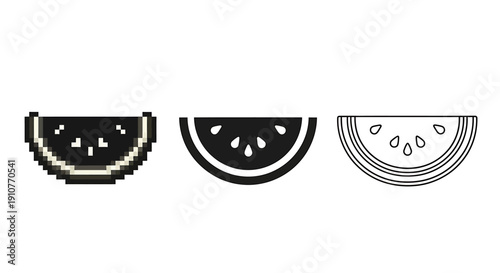 A high pixel density illustration of three watermelon slices depicted in varying art styles side by side on a clean background