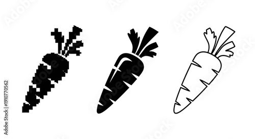 A high-resolution pixel art display of three carrots in varying levels of detail and shading