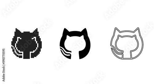 A pixel-perfect illustration of three stylized cat logos in varying line art styles and shading techniques.