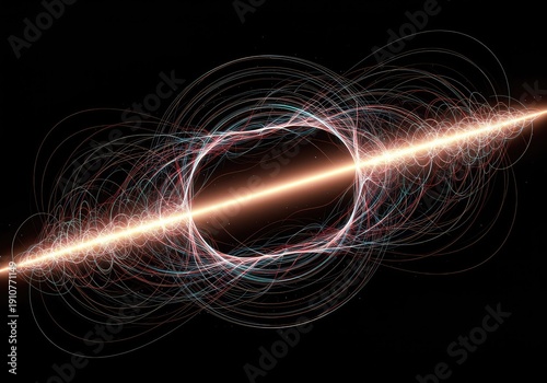 Dynamic abstract visualization of fundamental quantum physics and energy propagation, highlighting overlapping waves and harmonic field interference ,dynamic ,light ,science
