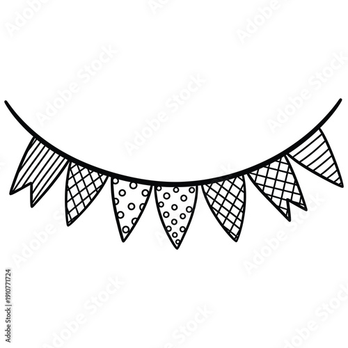 A black and white illustration of a festive banner with triangular flags