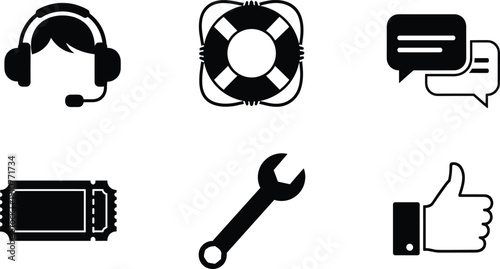 Black and white of customer support symbols service customer support, black and white, symbols, service, help, communication, tools, thumbs up, lifesaver, wrench, ticket, headset, chat bubbles, black,