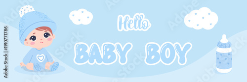 Vector banners, dividers, for baby showers, with clouds and hearts, bottles, gender party.