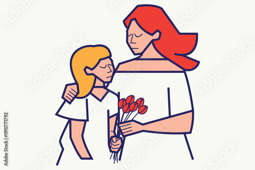 Adult with red hair comforting child holding red tulips, both in white outfits, tender emotional bonding illustration.