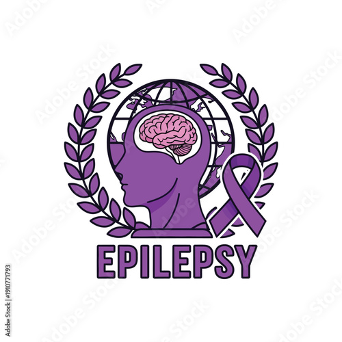 A purple logo for epilepsy awareness featuring a brain and laurel wreath