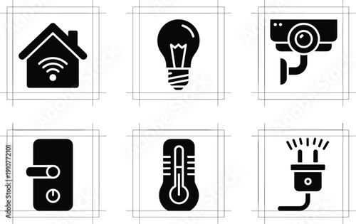 Smart home on grid background house wifi light bulb smart home, house, wifi, light bulb, security camera, door lock, thermometer, plug, black and white, grid background, technology, automation, home a