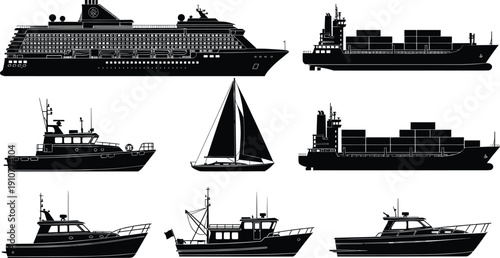 Ship, boat, silhouettes, maritime, vessels, cargo, cruise, fishing, yacht, sailboat, transport, ocean, sea, nautical, isolated, black, collection, shipping, transportation, design