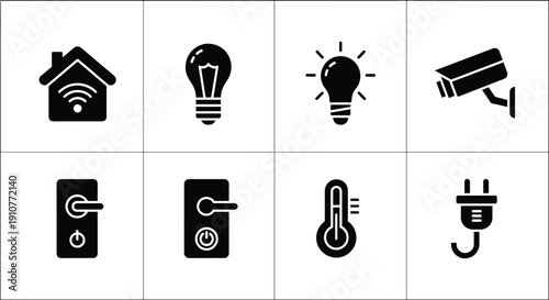 Smart home on white background house wifi light bulb smart home, house, wifi, light bulb, security camera, switch, plug, thermostat, symbols, black and white, technology, automation, household, device