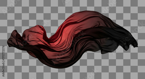 Flowing Fabric long wavy sheer silk cloth element isolated translucent red black gradient on transparency grid.