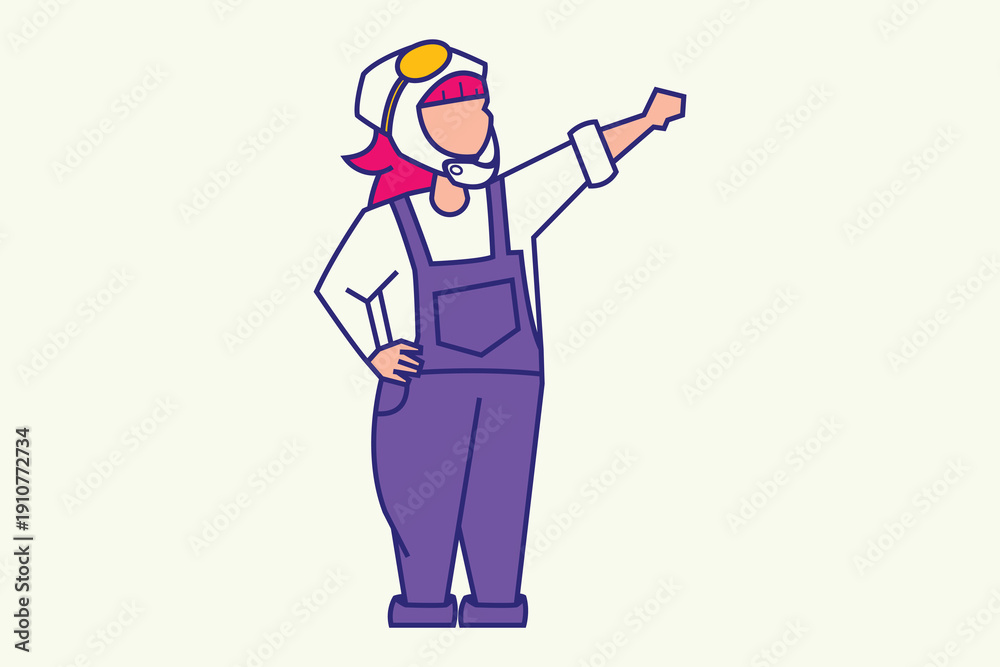 Fototapeta premium Cartoon pilot or astronaut with red hair, white helmet, yellow visor, purple overalls, confident pose, and modern stylized design.