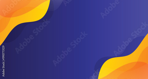 A modern abstract background featuring a deep blue central area with dynamic yellow and orange fluid shapes, enhanced by subtle halftone dots and diagonal line accents for an energetic look