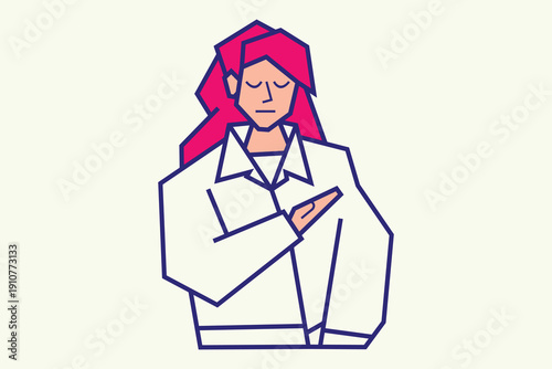 Stylized geometric person with red hair, white shirt, serious expression, and sideways hand gesture in minimal abstract design.
