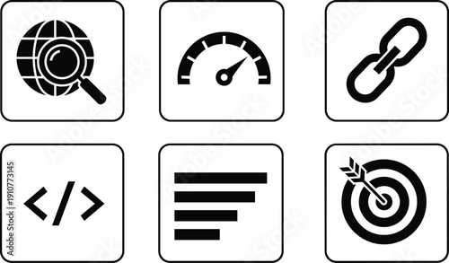 Black and white of web and development concepts web development web development, black and white, globe, magnifying glass, speedometer, link, coding, html, target, arrow, leaf, checklist, black, white