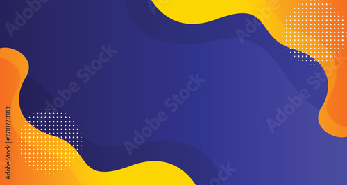 A modern abstract background featuring a deep blue central area with dynamic yellow and orange fluid shapes, enhanced by subtle halftone dots and diagonal line accents for an energetic look