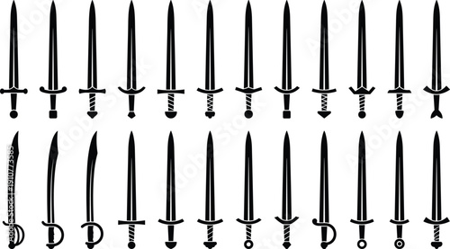 Sword, silhouettes, collection, medieval, weapons, blades, knight, fantasy, armory, steel, sharp, combat, historical, warrior, isolated, black, set, design, illustration, equipment