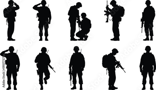 Soldier, silhouettes, military, army, combat, troops, standing, saluting, weapon, defense, security, tactical, uniform, service, patriotism, protection, people, set, isolated, collection