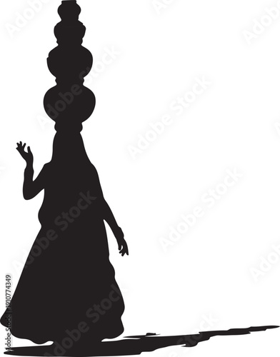A graceful Rajasthani woman skillfully balances a stack of colorful traditional clay pots on her head, depicted as a realistic 2D vector illustration on a clean white background.