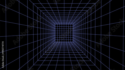 3D blue wireframe room in virtual AI space. Digital perspective grid on black background. Futuristic digital landscape in cyberspace.