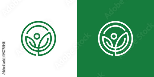 Minimalist green logo design with leaves and a person inside a circle.