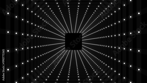 Futuristic vector sci-fi square portal in space. 3D black ai tunnel with dots and lines. Abstract digital wormhole data. Flow particle by funnel. Fantasy circle vortex on dark background.