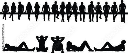 Silhouette set of people sitting on a ledge and lying down in relaxed poses representing leisure relaxation community and friendship