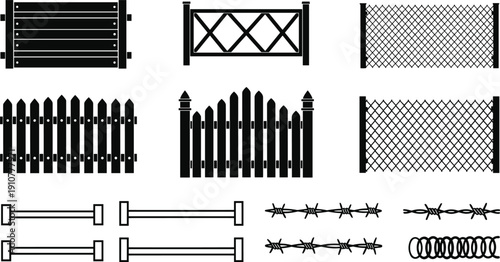 Fence, barrier, silhouettes, wooden, wire, metal, security, boundary, protection, garden, farm, outdoor, barbed, railing, isolated, black, collection, illustration, design, set