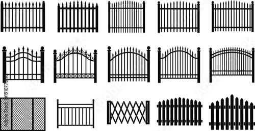 Fence, gate, silhouettes, metal, iron, barrier, security, boundary, garden, outdoor, protection, railing, isolated, black, collection, design, illustration, decorative, entrance, set