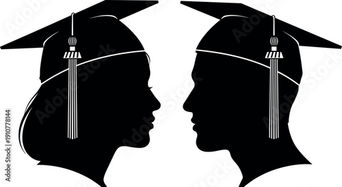 Black and white vector silhouettes of male and female students in graduation caps facing each other for university success design.