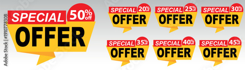 Set of yellow origami special offer banner element stickers with red discount circles featuring 20, 25, 30, 35, 40, 45, and 50 percent off for retail promo