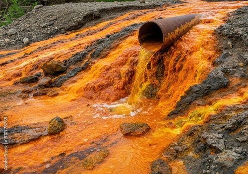 Acid mine drainage flows from a rusty metal pipe into a stream bed, creating vivid orange and yellow mineral deposits along the banks ,abandoned site ,overflow ,underground