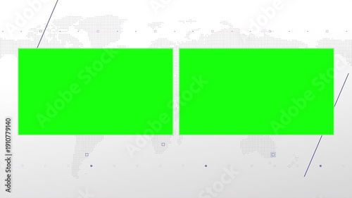 Two box split screen for news, interviews, live broadcast, tv shows, live streaming. Green chroma key cut, 4K loopable world map background with blue elements, simplicity and minimalism design.