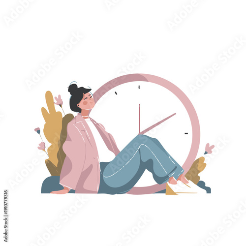 Woman Relaxing by Large Clock – Taking Time for Rest and Recovery Concept