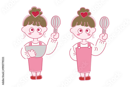 バレンタインの料理をする女の子のシンプルなラインアート立ち絵