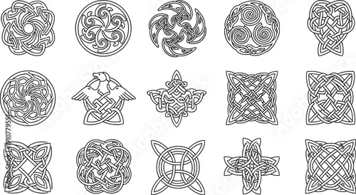 Collection of intricate black and white celtic knotwork designs including spirals birds and complex interwoven geometric patterns