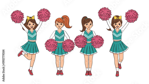 Four young cheerleaders in green uniforms performing high kicks with pink pom poms in studio on white background