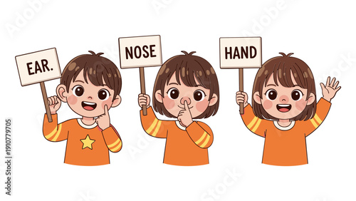 Cute cartoon kids holding ear nose hand signs for body parts learning education fun illustration