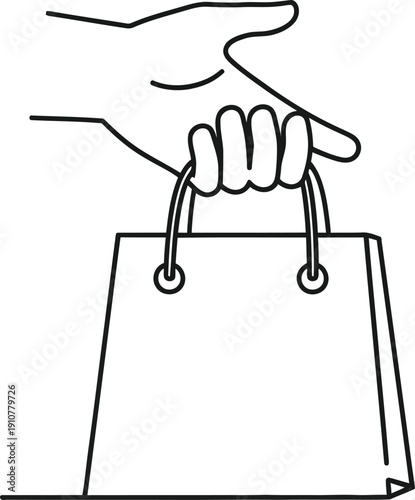 Simple black and white line art drawing depicting a human hand firmly grasping the handles of a paper shopping bag illustrating retail commerce or consumerism