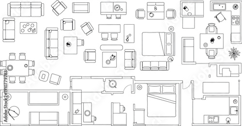 A collection of various architectural blueprint designs isolated on transparent background
