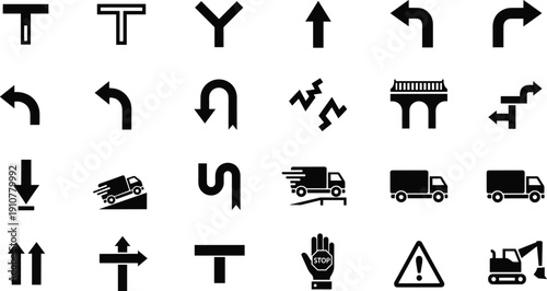 Road, signs, icons, set, direction, arrows, traffic, navigation, transport, symbol, warning, stop, route, guidance, street, collection, illustration, isolated, design, signage