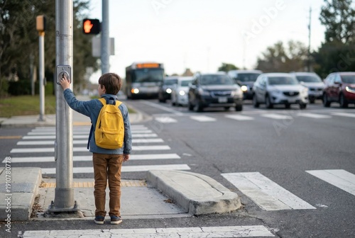 Wallpaper Mural Child pressing pedestrian crossing button busy city street Torontodigital.ca