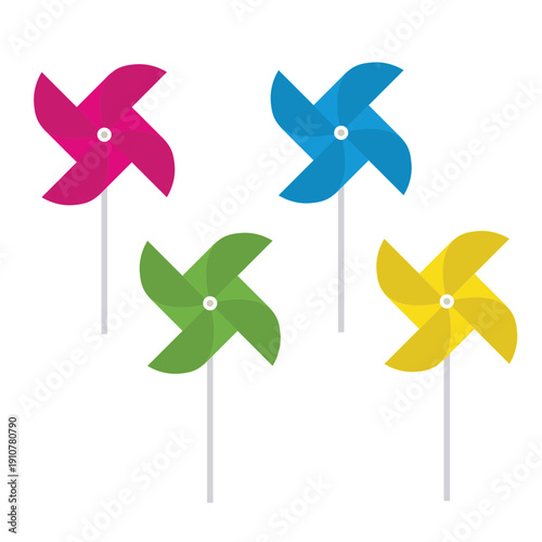 A vibrant origami paper pinwheel toy vector illustration featuring a colorful plastic design that rotates in the summer wind to capture the air and energy of a child's toy mill