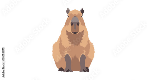 A capybara sitting calmly in a serene environment from a front viewpoint