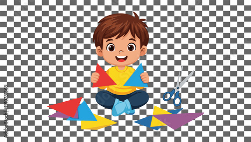 Young boy happily crafting colorful paper boats on transparent background
