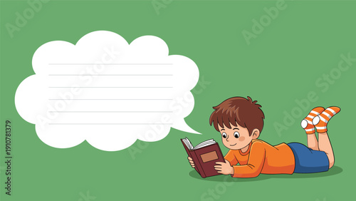 Young boy lying down reading a book with thought bubble on green background