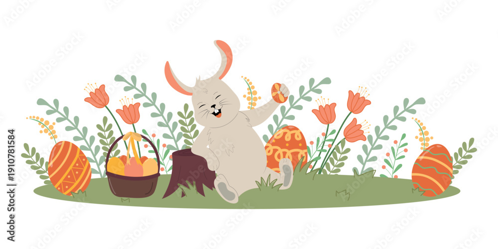 Fototapeta premium Horizontal banner with happy Easter bunny. Hand drawn flat cartoon rabbit with egg. Holiday vector illustration