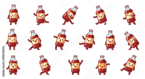 Animated ketchup bottle characters dancing and posing on white background  