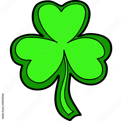 Bright Green Shamrock Clover Cartoon Illustration with Black Outline