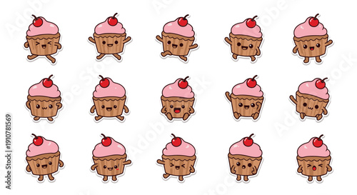 Cartoon cupcake character with pink frosting and cherry topping  